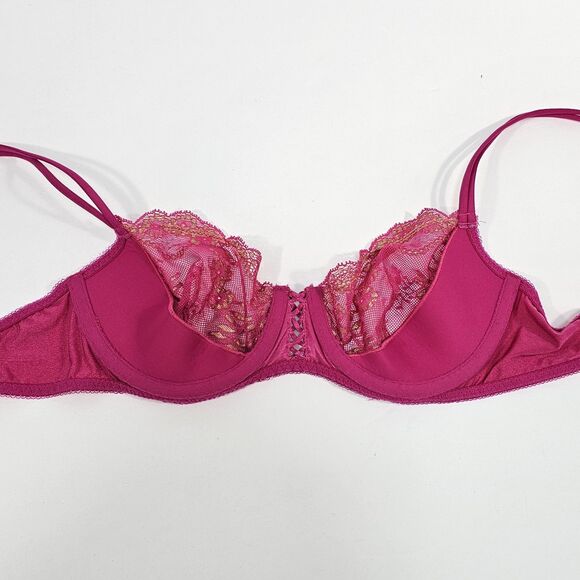 Victoria’s Secret Unlined Demi Bra 34C Hot Pink Lace Y2K Coquette Barbiecore - Picture 3 of 7